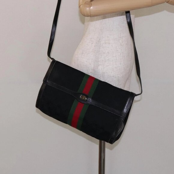 GUCCI Web Sherry Line GG Canvas Shoulder Bag Black Gold 37 04 3657 Auth 133392 - Picture 15 of 16